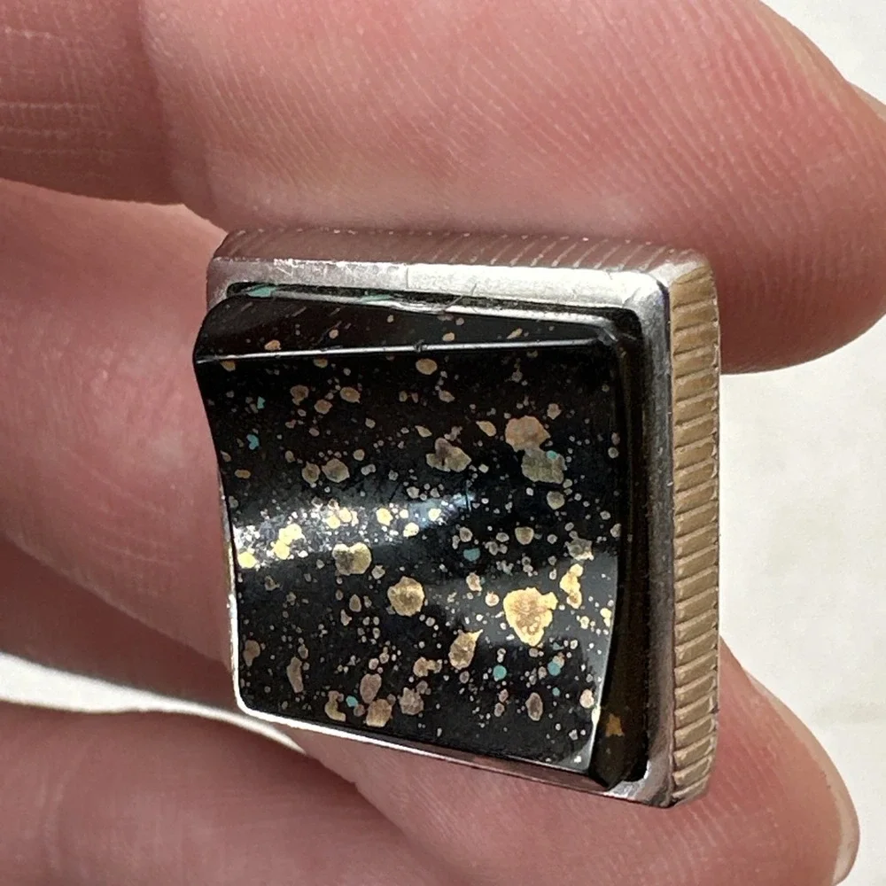 Vintage Anson Cufflinks & Tie Clip Set Silver Black Gold Turquoise Flakes